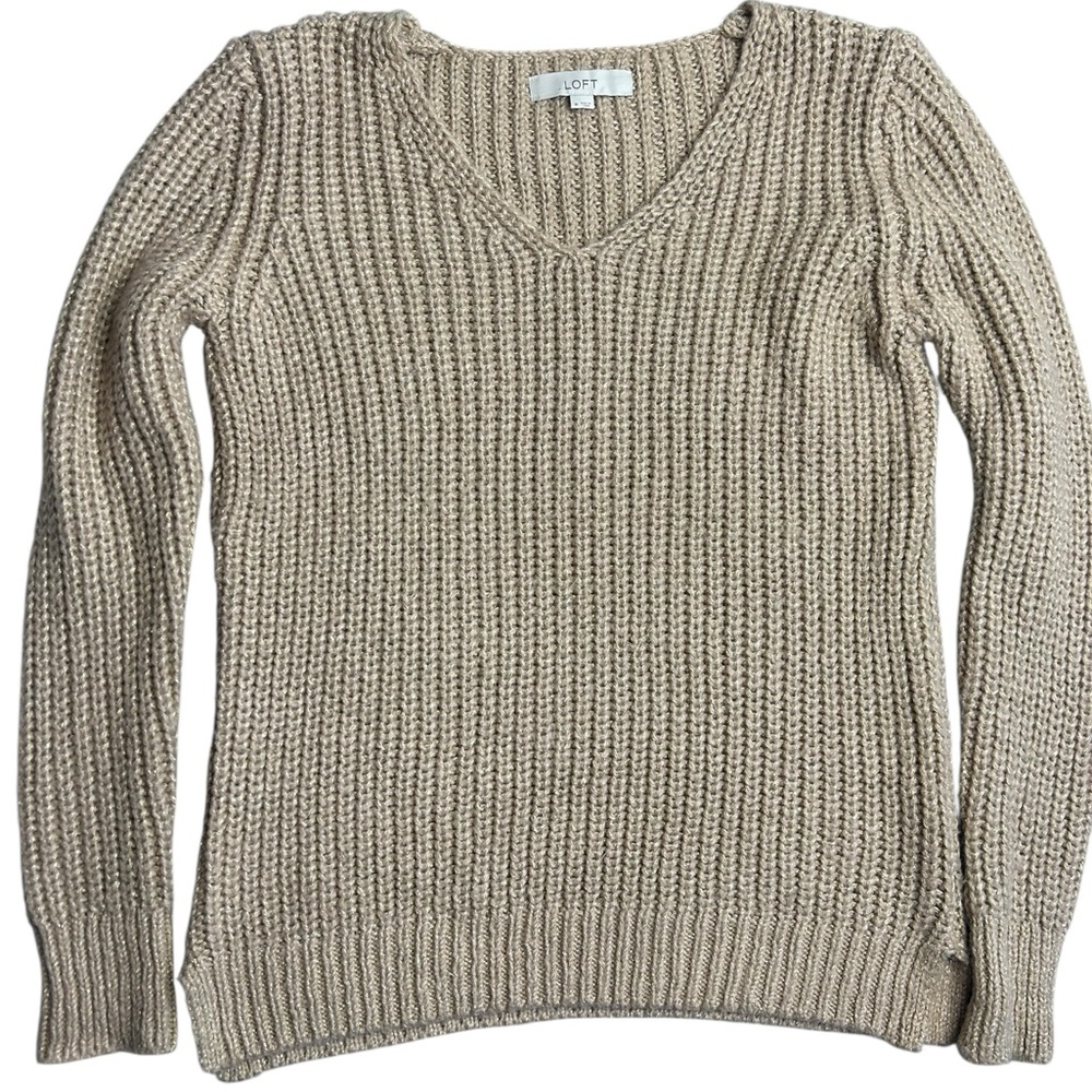 LOFT Women’s Chunky Knit‎ V-Neck Sweater Beige Tan Long Sleeve Size Medium